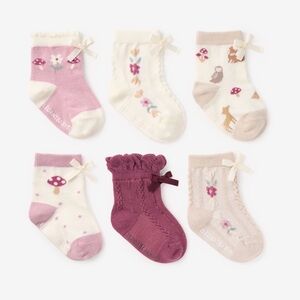 Elegant Baby Forest friends bow Print 6 Pair Socks Set Size 0-12 Months NWT